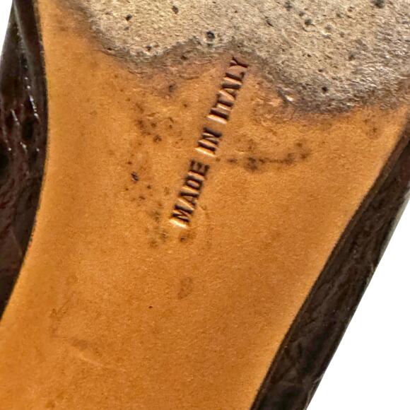 Salvatore Ferragamo Croc Embossed Vara Logo Bow Pump Brown Gold Size 8.5 - Picture 10 of 10